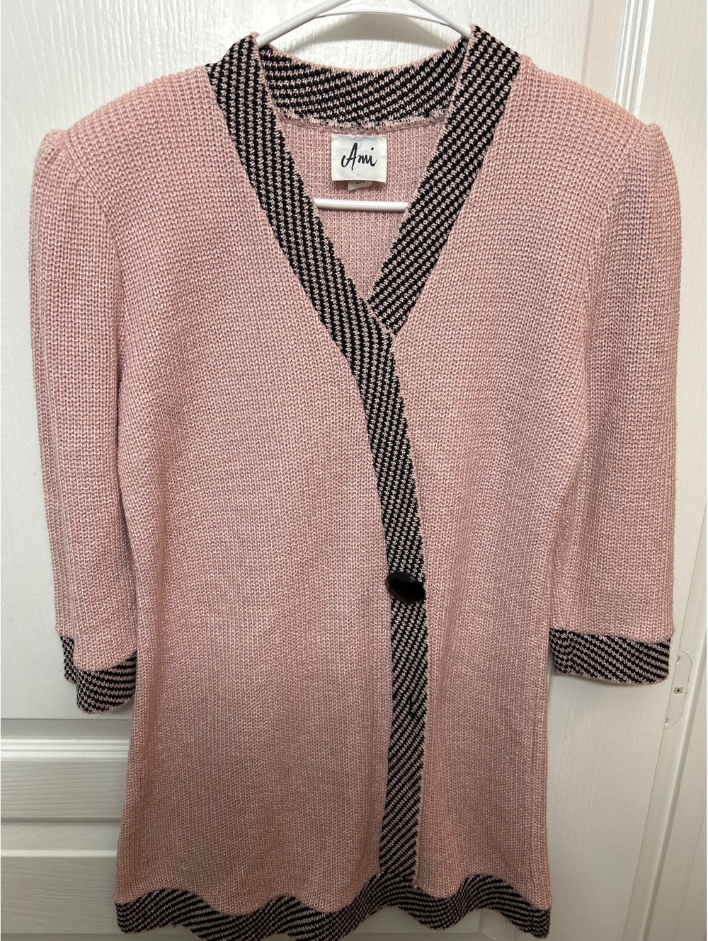 Ami Pink and Black Knit Cardigan with Decorative Button